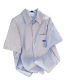 Wiaofellas  -  Loose Fit Men's Striped Shirt Short Sleeve Polo Neck Button Detail Daily Wear Summer Fashionable Versatile Polyester Shirt