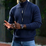 Wiaofellas  -  Vintage Turtleneck Knitting Sweater Mens Autumn Winter Ribbed Texture Knit Pullover Daily Casual Trendy Tops For Men