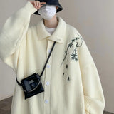 WIAOFELLAS  -  Men's Embroidery New Sweater Cardigan Coat Autumn Turn-down Collar Casual Jackets Knitted Sweater Knit Jumper Rice White/Black