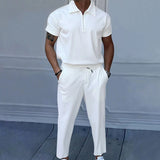 Wiaofellas  -  Fashion Solid Color Corduroy Outfits Mens Casual Two Piece Suits Short Sleeve Polo Shirts And Pants Men Sets Summer Streetwear