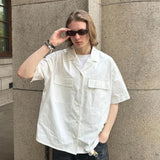 Wiaofellas  -  American Cuban Collar Shirt Workwear Pocket Short Sleeved Shirt Men Women's Cityboy Short Solid Color Single Breasted Blouse