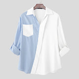 WIAOFELLAS  -  Men Shirt Striped Patchwork Lapel Long Sleeve Men Clothing Streetwear Korean Style Fashion Oversize Shirts Casual Tops