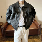 Wiaofellas Autumn American Vintage PU Leather Coats Men's Loose Short Motorcycle Faux Leather Jacket Couple Metal Zipper Cargo Outwear