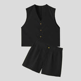 WIAOFELLAS  -  Summer Fashion Loose Men Suits Sleeveless V-neck Shirt And High Waist Wide Leg Shorts Two Piece Set Casual Vest Outfits Tank Top