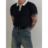 Wiaofellas  -  British Style Contrasting Knitted Polo Shirts for Men Slim Casual Business Social T-shirt Ice Silk Cool Elastic Lapel Tshirts
