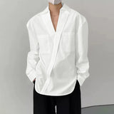 WIAOFELLAS  -  Men Shirt Solid Lapel Long Sleeve Loose Casual Men Clothing Korean Style Streetwear Pockets Fashion Tops Male Shirts