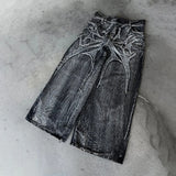 Wiaofellas  -  Men Y2K Gothic Spider Baggy Jeans Distressed Washed Raw Edge Wide Leg Denim Pants Hip Hop Streetwear Ghost Loose Trousers