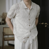 Wiaofellas  -  Summer New Casual Short Sleeve Knit Shirts Men Vintage Textured Knitted Shirt Tops Mens Fashion Button-up Lapel Shirt