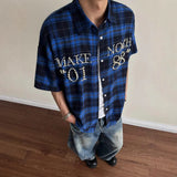 AWIAOFELLAS  -  merican Retro Studded Plaid Shirt Mens High Street Versatile Short Sleeved Loose Top Summer Fashion Streetwear Couple's Shirt