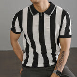 WIAOFELLAS  -  Men's Half-Zip Striped Knitted Short-Sleeved Polo Shirt American Retro Fashion Trend Casual Simple Loose Breathable Men's Tops