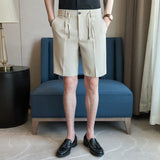 WIAOFELLAS  -  Men's Elastic Waist Suit Shorts Summer Solid Drawstring Business Casual Knee Length Pants Male Korean Fashion Short Trousers
