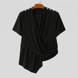 Wiaofellas  -  Men's Irregular T Shirt Solid Color Short Sleeve Button Male Tee Tops Summer Streetwear Knitted Fashion Men Clothes