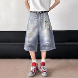 WIAOFELLAS  -  American Style Men Jeans Chians Printing Contrast Color Streetwear Straight Loose Wide Leg Loose Male Denim Shorts