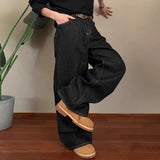 Wiaofellas  -  Unisex Dark Raw Denim Wide Leg Jeans New High Waist Loose Baggy Trousers Classic Multi Pocket Straight Full Length Casual Pants