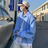 Wiaofellas   -  Spring Clothing Men's Leisure Striped Zipper Short Shirt Jacket  Korean Sky Blue Harajuku Long Sleeve Light Luxury Coats