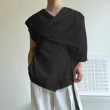 Wiaofellas  -  Men's Shirt Solid Color Pleated Sleeveless Shawl Tops Streetwear Summer Loose Camisas Masculina Fashion Men Clothes