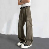 WIAOFELLAS  -  Men's Cargo Trousers Solid Color High Street Side Big Pockets Casual Wide Leg Casual Bottom Straight Baggy Menswear