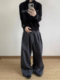 WIAOFELLAS  -  Casual Commute Wide Leg Pants Men Women A-Line Pleated Design Texture Stripes Polyester Blend Low Waist Zipper Fly