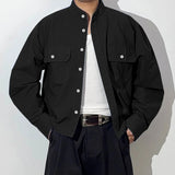 WIAOFELLAS  -  Men Shirt Solid Color Stand Collar Long Sleeve Button Men Clothing Streetwear Fashion Loose Casual Tops Male Shirts