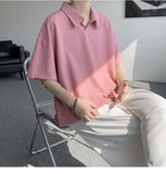 WIAOFELLAS  -  Trendy Summer Men‘s Solid Color Ice Silk Casual T-shirts New Fashion Turn Down Collar Short Sleeve Loose Tops Male