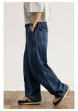 Wiaofellas  -  Large Size Men's Casual Wide Leg Jeans Loose Fit Workwear Trousers Washed Denim Straight Tube Zipper Fastening Non-Elastic