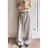 Wiaofellas  -  Old Money Style Houndstooth Buttoned A-line Trousers Men Autumn American High Street Trousers Lazy Loose Wide-leg Pants