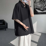 WIAOFELLAS  -  Trendy Summer Men‘s Solid Color Ice Silk Casual T-shirts New Fashion Turn Down Collar Short Sleeve Loose Tops Male