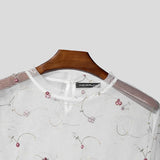 Wiaofellas  -  Men's T Shirt Mesh Flower Embroidery See Through Male Vests Streetwear Summer Sexy Long Sleeve O-neck Men Clothes