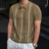 Wiaofellas  -  Stylish Slim Short Sleeve Knit Polo Shirt Men Summer Casual Breathable Hollow Out Polo Shirts Vintage Striped Crochet Polo Tops