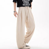 WIAOFELLAS  -  New Summer Men Suit Pants Drawstring Solid Color Wide Leg Casual Straight Elastic Waist Loose Male Trousers Simple