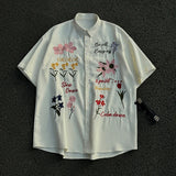 Wiaofellas  -  American Color Floral Embroidery Short Sleeved Shirt Casual Turn-down Collar New Fashion Male Tops Loose