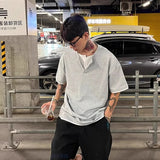 WIAOFELLAS  -  Trendy Summer Men's Fake Two-piece Buttons Design Casual T-shirts Fashion Short Sleeves O-neck Loose Tops Male