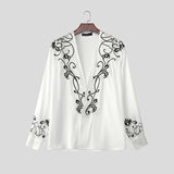 WIAOFELLAS  -  Men Shirt Stain Deep V Neck Long Sleeve Embroidery Casual Men Clothing Streetwear Loose Fashion Male Shirts Camisa S-5XL