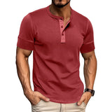 WIAOFELLAS  -  Summer Henry Collar T-Shirt for Men Solid Short Sleeve Button Casual Tshirt Fashion Tees Mens Clothing