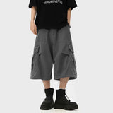 WIAOFELLAS  -  Summer Cotton Casual Pants Men Pocket Cargo Pants Men Japanese Streetwear Hip-hop Loose Wide Leg Pants Mens Calf-Length Pants