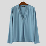 WIAOFELLAS  -  Men T Shirt Solid Color V Neck Long Sleeve Knitted Male Tee Tops Streetwear Fashion Casual Men Clothing Camisetas S-3XL