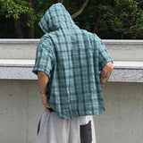 WIAOFELLAS  -  Men Plaid Shirt Hooded Short Sleeve Loose Casual Men Clothing Summer Korean Style Streetwear 2025 Male Shirts Tops S-5XL