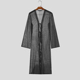 Wiaofellas  -  Men T Shirt Striped Long Sleeve Mesh See Through Man Cardigan Long Style T-shirts Streetwear Lace Up Fashion Men Clothes