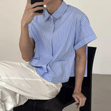WIAOFELLAS  -  Men Striped Shirt Lapel Short Sleeve Pockets Men Clothing Streetwear Loose Button Korean Style Fashion Casual Male Tops