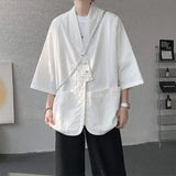 WIAOFELLAS  -  Niche Design Men's Shirts V-neck Solid Color Button Desig Ice Silk Big Pocket Casual Male Tops Summer Menswear