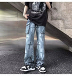 Wiaofellas  -  Men's Denim Flame Cross Jeans Loose Straight Leg Jeans