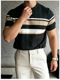 Wiaofellas  -  Contrast Color Slim Mens Short Sleeve Tops Daily Casual Striped Knitted T-shirt Summer Stylish O Neck Knit Pullover