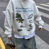 Wiaofellas  -  New in Y2K Vintage Grey Sweatshirt Men's Loose Fit Autumn Crewneck Pullover Hoodies High Street Sudaredaras Hombre