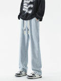 WIAOFELLAS  -  Light Blue Men's Jeans Straight Leg Casual Pants Thin Summer Loose Fit Dstring High Waist Denim Cotton Polyester Blend