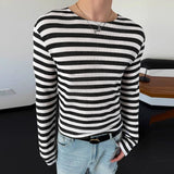 WIAOFELLAS  -  Men Striped T Shirt O-neck Long Sleeve Fashion Casual Men Clothing Streetwear Knitted Korean Style Tee Tops