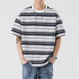 Wiaofellas  -  Summer short sleeve new Japanese round neck casual double yarn striped short sleeve men loose T-shirt