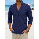 Wiaofellas  -  Men's Japanese Style Casual Linen Shirt Stand Collar Half Placket Long Sleeve Breathable Tops for Spring Autumn Daily Commute