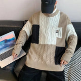 WIAOFELLAS  -  Oversized Men Sweater Fashion Knitted Embroidery Bear Pullovers Spring Lazy Long Sleeve Streetwear Patchwork Klein Blue Sweater