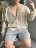WIAOFELLAS  -  Trendy Mens Transparent Deep V Neck Cardigans Sexy Hollow Out Long Sleeve Knitted Tops Men Spring Summer Vintage Slim Fit Shirts