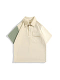 Wiaofellas  -  Ice Silk Quick Dry Workwear Shirt Loose Fit Casual Short Sleeve Half Open Collar Unisex Street Style Patchwork  Shirt